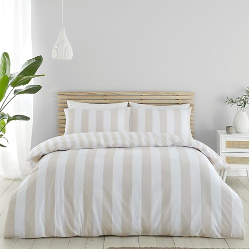 Catherine Lansfield Cove Stripe Wende-Bettwäsche-Set für Einzelbett mit Kissenbezug, naturfarben