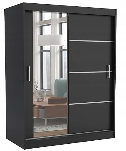 Brent - Kleiderschrank mit Spiegel 160cm Breit Windsor Tomy I Schlafzimmerschrank mit 2 Kleiderstänger und Einlegeböden für Kleidung I Kleiderschrank Schwarz