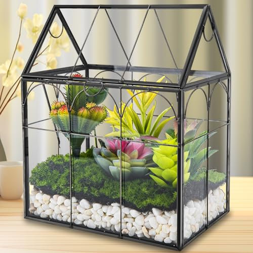 Terrario de vidrio para plantas, kit de terrario geométrico en forma de casa con tapa para suculentas, caracoles, helechos, musgo, maceta de aire, invernadero de vidrio para interiores para decoración