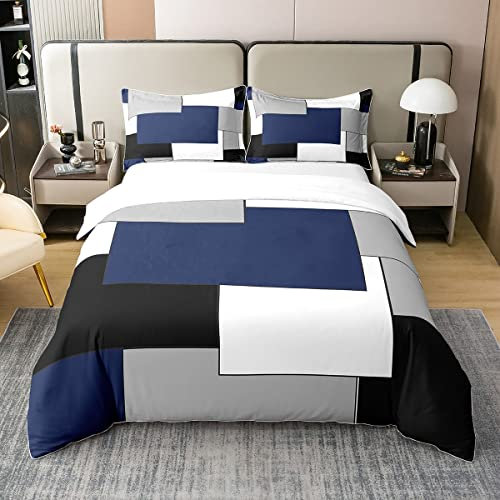 Homemissing Bleu Marine Géométrique 100% Coton Housse de Couette 200x200cm Moderne carré Parure de Lit Femmes Noir Gris Blanc Literie Set Géométrique Ensemble de lit avec 2 taie d'oreiller