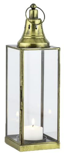 Marrakesch Vintage Deko Windlicht Laterne 35cm aus Glas & Metall in Gold | Teelichthalter als Tischdeko Wohnzimmer Deko | Kerzenhalter Windlichter Leron als Balkon Terrasse & Garten Aesthetic Deko