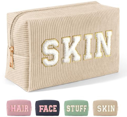 MAGEFY Chenille Letter Kleine Make up Tasche Cord Kosmetiktasche mit Innentasche Reise Schminktasche Kosmetiktasche Klein für Handtasche Damen, Beige-Skin