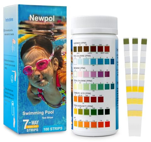 Newpol 7-in-1 Pool Test Strips, 100 Strips Water Testing for Swimming Pool, Hot Tub and Spa
