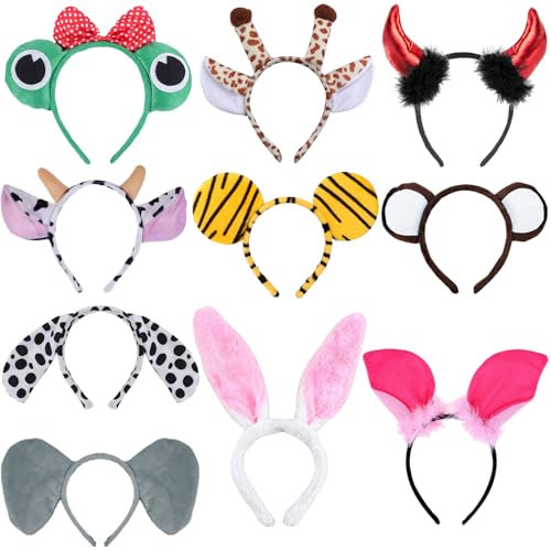 AUNGKWANG 10 Stück Tier Ohren Haarreif, Cartoon Tier Ohren Haarreif, Party Tier Verkleidung Haarreif, Cartoon Haarreif Kinder Set, für Kinder Erwachsene Karneval Geburtstag Themenparty