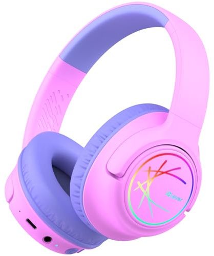 iClever Bluetooth Kopfhörer Kinder mit LED-Leuchten, 74/85dBA Lautstärkebegrenzung, 43 Stunden Spielzeit, Stereo-Sound, Typ-C, AUX-Kabel, Bluetooth5.3 Kinderkopfhörer für Tablet/Reisen Rosa lila