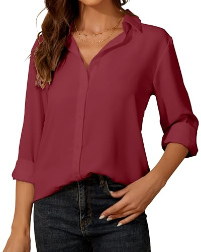 YAMANMAN Damen-Hemd mit Knopfleiste, langärmelig, klassischer Kragen, für Arbeit, Büro, Freizeit, Chiffon-Bluse