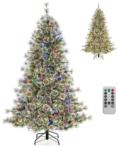 COSTWAY Árbol de Navidad Verde 180 cm, Arbol de Navidad con Luces Incorporadas, 350Luces LED Multicolor, 9 Modos, 42 Piñas y Frutos Rojos, Control Remoto, Arvore de Natal Automático Fiesta