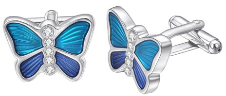 RunootPR Manschettenknöpfe Personalisiert Blau Schmetterling Manchettenknoepfe Herren Hochzeit Parteien Herrenschmuck Geschenk mit Geschenkbox
