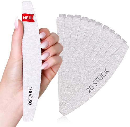 Lynis-Nailshop.de Lot de 20 limes à ongles professionnelles pour ongles en gel 100/180 Grit Zebra Croissant de lune – Deux grains différents – Lime à ongles incurvée pour ongles en gel – Côté arrondi