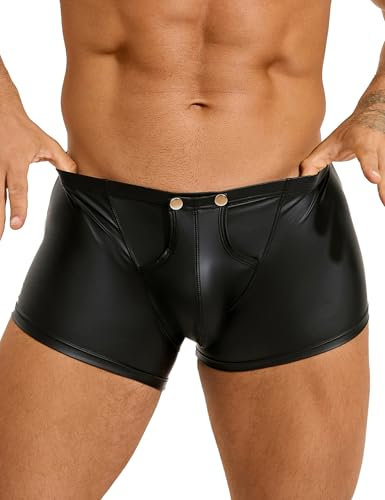 Sexy Boxershorts Herren mit Öffnung PU Leder Unterwäsche mit Beutel Große Größen Wetlook Unterhosen mit Knöpfe Sissy Dessous Männer Reizwäsche Erotische Shorts Slips Hipster Gay Clubwear (Schwarz,L)