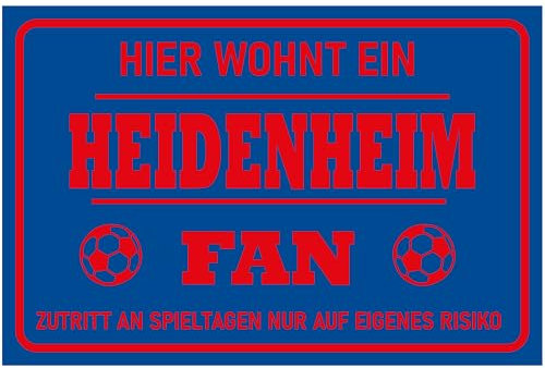 Indigos UG - Schild Fussball - 40x30cm - Hier wohnt ein Heidenheim Fan - blau - rot - Schilder für Fußballfans - Fanartikel - Merchandise - Hinweisschild - Warnschild