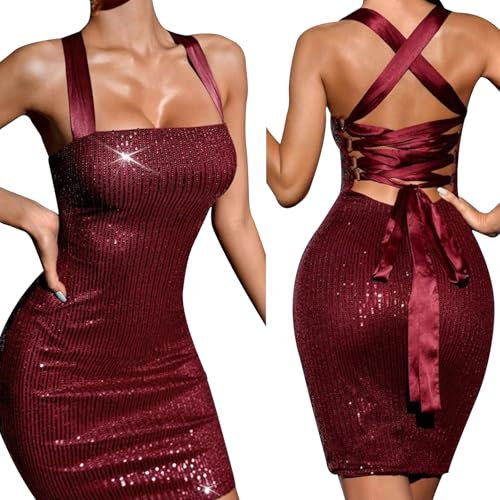 Risipu Skinny Backless Cocktailkleid Damen, Sexy Party Kleider Damen Halter Glitzer Kleid, Ideal für Halloween, Festliche Partys und Weihnachten (DE/NL/SE/PL, Alphanumerisch, M, Regular, Kurz, red)