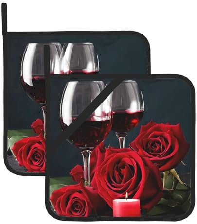 Rotweinrosen und Kerzen, hitzebeständiges Baumwoll-Topfregal mit Aufhängering, 2-teilig, Farbe, multifunktional, Quilten, tägliches Hot Pad für Küche, Camping, Grillen und Mikrowelle