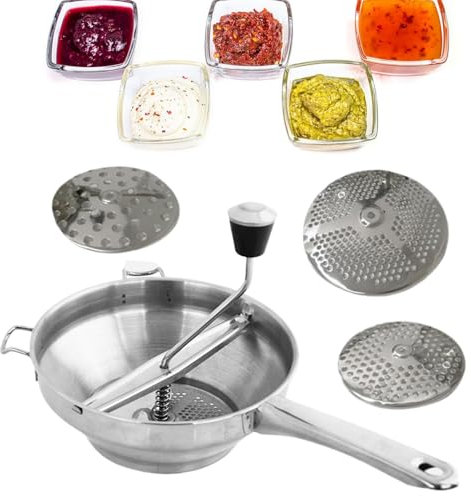 Lebensmittelmühle für Apfelmus, Lebensmittelmühle mit Handkurbel - 3 Mahlscheiben Lebensmittelmühle Edelstahl Fleischwolf | Handkurbel-Zerkleinerer, Küchenmühle mit Griff für Apfelmus und Tomatensauce