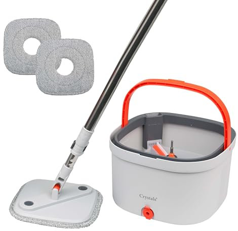 Crystals Spin Mop and Bucket Set for Floor Cleaning – Compact Cleaning System with 360° Rotating Head, 2 Refill Microfibre Pads, Squeeze Wringer Washing Dry Mop Set (Square Mop & Bucket with 2 Pads)