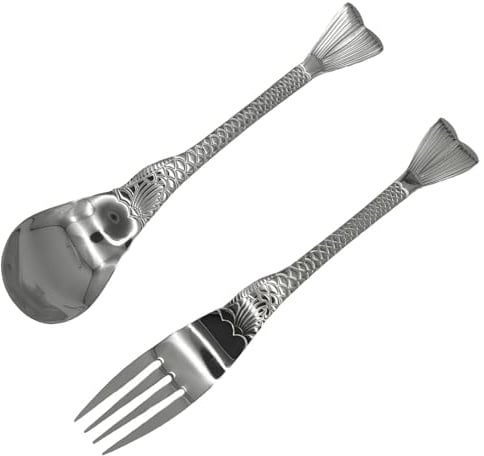 Pinenjoy 2Pcs Fishtail Handle Spoon and Fork Silver 18/10(304) Stainless Steel 7.5inch Asian Soup Spoon Dinner Fork Set for Porridge Cereal Salad Spaghetti