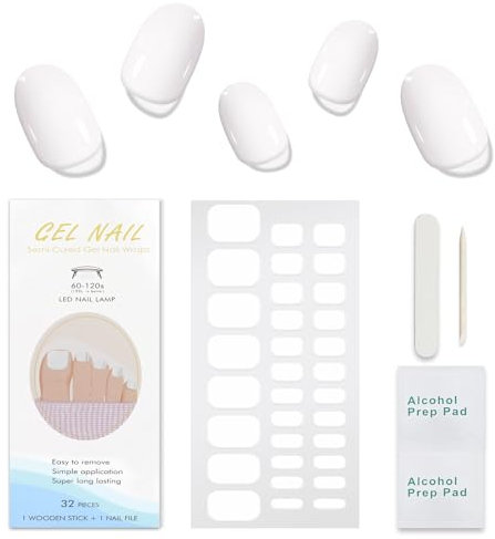 JMEOWIO Gel Toenail Stickers White Semi Cured Gel Toenail Strips Wraps UV/LED Toenail Supplies Toenail Art Design Decoration Accessories