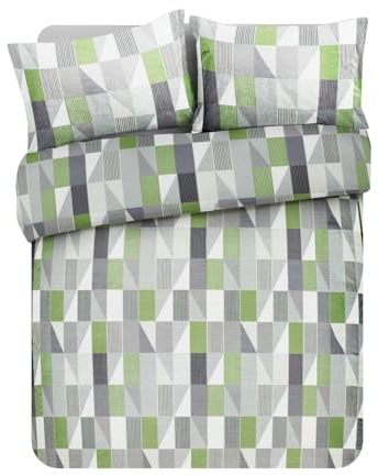 Velosso Cotton Blend Double Duvet Cover Set, Geometric Patchwork Design, 3 Piece Bedding Set with 2 Pillowcases, Button Closure (Sage, Double)