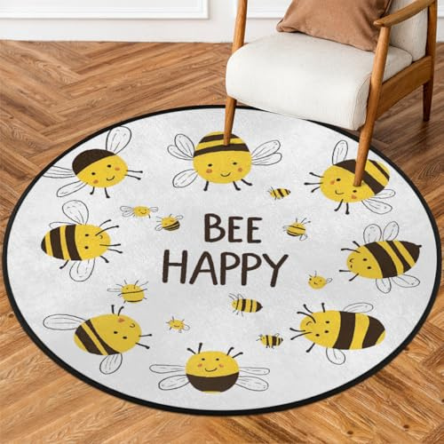 Mexpekil Animal Bee Happy Round Rug 92cm Non Slip Washable Area Rugs Absorbent Circle Rug Carpet Floor Door Mats for Living Room Bedroom