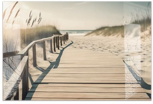timalo Küchenbild aus Acrylglas modernes Wandbild Glasbild Deko Küche XXL Bild wie Glas | 120x80cm Holzsteg am Sandstrand – Weg durch die Dünen zum Meer, Sonnenuntergang