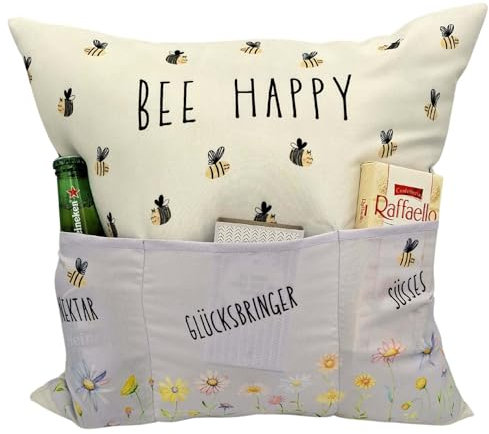 KAMACA Originelles Dekokissen Kissen mit 3 Taschen 43x43 cm mit Spruch Geschenkidee für Frauen Freundinnen und Geburtstage Originelles Sofakissen zum Selbstgestalten Geburtstag (Bee Happy)