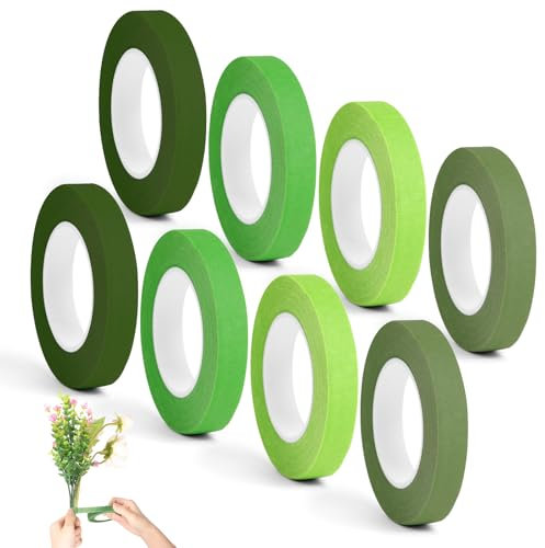 ABOHU Floristenband Grün, 8 Rollen Flora Kreppband 12 mm Breit, Blumenklebeband Selbstklebend, Floristen Klebeband für Blumenstrauß Stiel Verpacken und Blumenhandwerk (27m/Rolle)