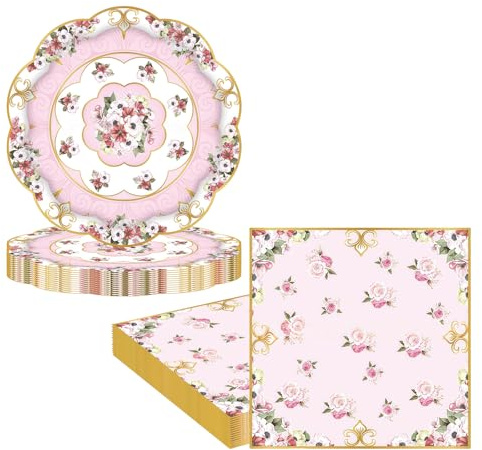 RONGZUBAT 36Pcs Floral Tea Paper Plates and Napkins Party Tableware Set,Afternoon Tea Birthday Paper Dessert Cake Plates Serviettes Disposable Tableware Set for Her Him Girls Women Tea Table Decor