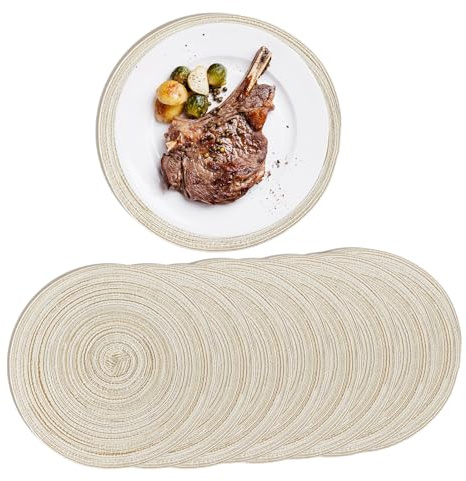 Set di 8 Tovagliette Rotonde Beige Lavabili 38 cm, Tovaglietta Tonde Colazione Pranzo, Sottopiatti Rotondi Eleganti, Tovagliette Intrecciate per Tavolo da Cucina, per Tavoli da Pranzo Place Mats