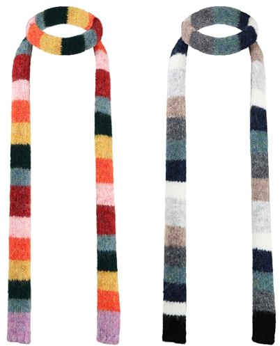 Chicingyou 2 Pcs Y2k Striped Scarf for Women Long Skinny Scarf Fuzzy Fluffy Neckerchief Colorful Rainbow Knit Thin Scarves Accessories for Fall Winter Christmas Gift(Fashion Color)