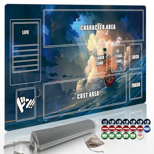 Extalas Playmat for One Piece Card Game (24x14 Inches): with Non-Slip Rubber, Zones Design, a Professional Storage Bag Included, Plus a Limited-Time Gift of a Set of 20 Damage Counters (Wave Boat)