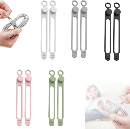 Data Cable Organiser, 2025 Upgrade Silicone Headphone Organisers, Multi-Purpose Electric Cord Organiser for Bundling and Mounting Cable Wires (10 Pieces)