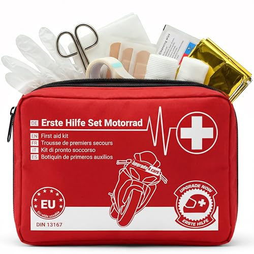 Upgrade4cars Motorrad Verbandskasten Version 2026 DIN 13167 Auto Innenraum | Erste Hilfe Set | europaweit gültig | Maximale Sicherheit | pflegeleicht & langlebig | Sommer & Winter