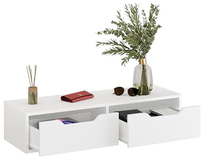 Komto Etagere Murale Blanche avec 2 Tiroirs – Console Suspendue, Table de Chevet, Coiffeuse ou Meuble d’Entrée | NOKA 100 x 32,5 x 22 cm