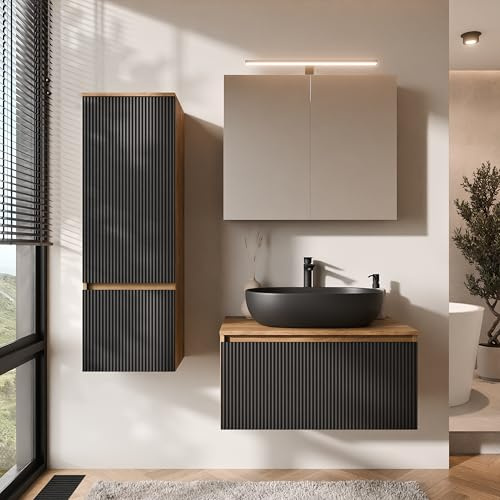 Planetmöbel Arisa Badmöbel Set Waschtisch mit Unterschrank | 80 cm, gold eiche schwarz (geriffelt) mit ARIA Spiegelschrank und Hochschrank, Waschbecken 60 cm gold eiche schwarz