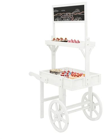 Headery Candy Cart Display Stand, Flower Cart Stand with Wheels, Large Country Market Wooden Rolling Table Carts for Display Flower Candy Party Favors and Crafted Items, Easy to Assemble (White3)