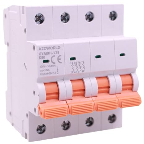 Leitungsschutzschalter, dreiphasig, 4P 80 A, D80, Kurve D 10 kA, 4 Module DIN 380 V AC, zertifiziert IEC60898-1, Serie GYM9H-125 Professional