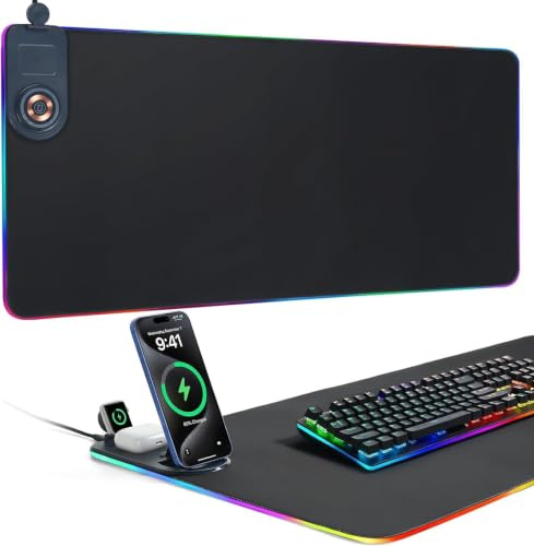 ELUTENG RGB Mouse Pad 800x300mm with Foldable Phone Holder, 4 in 1 15W Wireless Charging Desk Mat Gaming Mousepad Waterproof Non-Slip Base Large Keyboard Pad for Home Office Gamer