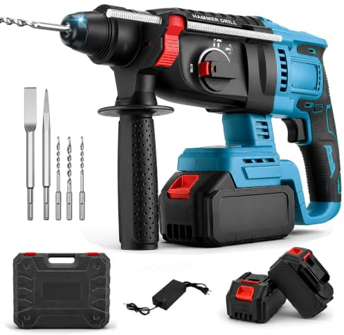 Aktualisierter Akku Bohrhammer, mit 2 Pack Tragbarem Lithium-Akku (21V), Bürstenlosem Motor, 5-in-1 Schlagbohrmaschine für Beton, Renovierung & DIY, inkl. Bohrer, Meißel & Koffer