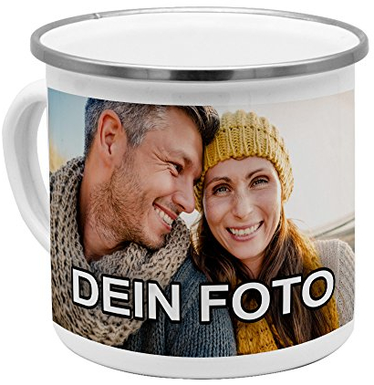 PhotoFancy – Emaille-Tasse mit Foto Bedrucken Lassen – Blechtasse Personalisieren – Nostalgie-Becher selbst gestalten (Medium [300 ml], weiß mit silbernem Mundrand)