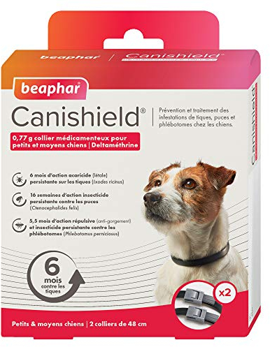 Beaphar - CANISHIELD 0,77 g – Lot de 2 colliers antiparasitaires pour petits et moyens chiens – Substance active : Deltaméthrine - Agit contre les tiques, les puces, les phlébotomes – 48 cm
