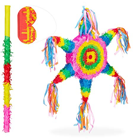 Relaxdays 3 TLG. Pinata Set Stern, Pinatastab mit Augenmaske, für Kinder, Stock & Augenbinde, zum selbst befüllen, Piñata, bunt