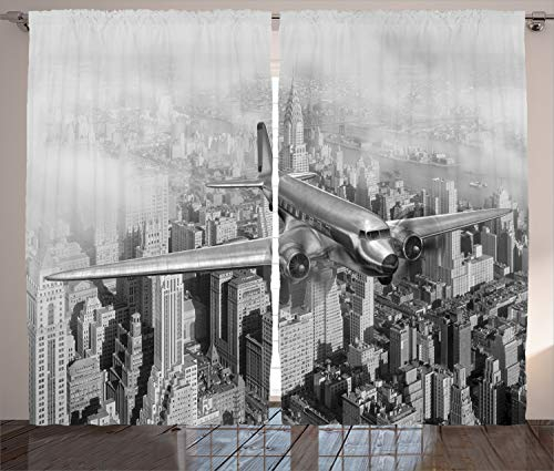 ABAKUHAUS Grau Rustikaler Gardine, Fliegendes Flugzeug in New York, Schlafzimmer Kräuselband Vorhang mit Schlaufen und Haken, 280 x 175 cm, Schwarz Weiß