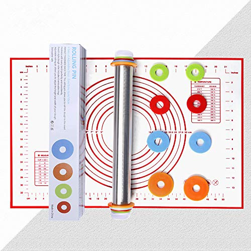 CHUER Rouleaux à Pâtisserie Anti Adhésif Réglables avec Disques Réglables et Marquage de Mesure + Tapis de Cuisson en Silicone pour Pâtisserie à Rouler Pâte à Tarte(40 * 60CM)