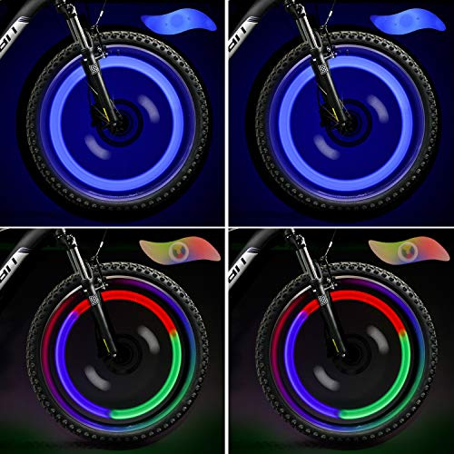 TAGVO 4pcs luz de radios de Bicicleta (rojo+verde+azul+multicolor) con caja delicada,luces de radios de rueda de fácil instalación resistentes al agua,lámpara LED de neón para llantas,3 modos de flash