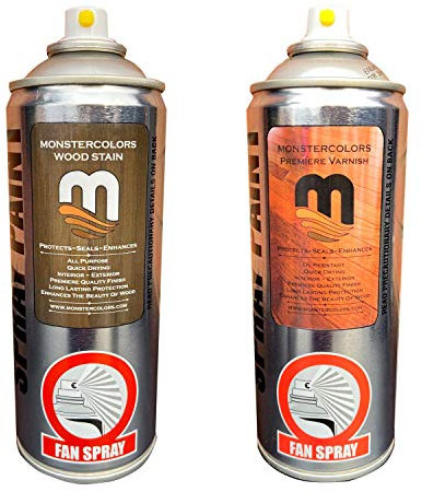 Monster Premiere Wood Stain and Clear Varnish Topcoat 400ml Aerosol Available in 10 Popular Colours, Easy Spray Application, UV Resistant, Hard Wearing, Quality Finish(Mahogany & Varnish)
