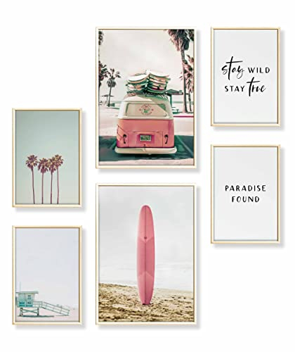 Heimlich® Premium Poster Set mit Bilderrahmen Aluminium Gold | 2 x DIN A3 & 4 x DIN A4 - ca. 30x42 & 21x30 | Stilvolle Poster Collagen mit passenden Bilder als Wanddeko » Surfer Beach «