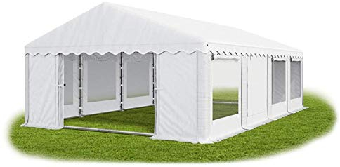 Das Company Partyzelt 6x8m Lagerzelt Universalzelt Pavillon mit Moskitonetz weiß mit Bodenrahmen und Dachverstärkung Pavillon Zelt 240g/m² PE Plane wasserdicht Gartenzelt Summer Plus IPEM