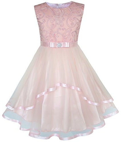 Sunny Fashion Vestito Bambina Fiore Blush Pink con Cintura Nozze Festa Damigella d'Onore 14 Anni