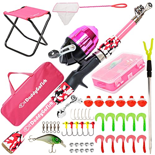 DaddyGoFish Kinder Angelset - Teleskoprute & Rolle Combo mit Klappstuhl, Rutenhalter, Tackle Box, Ködernetz und Tragetasche für Jungen und Mädchen - Rosa, 5ft