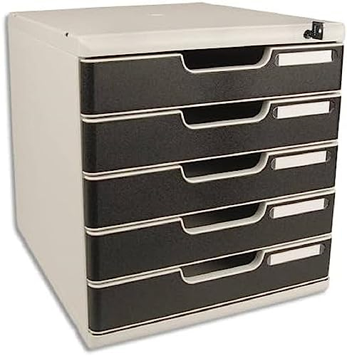 Exacompta - Réf. 331014D - MODULO A4 - Caisson 5 tiroirs avec fermeture à clé pour documents A4+ - Dimensions extérieures : Profondeur 35 x largeur 28,8 x Hauteur 32 cm - Gris lumière/noir